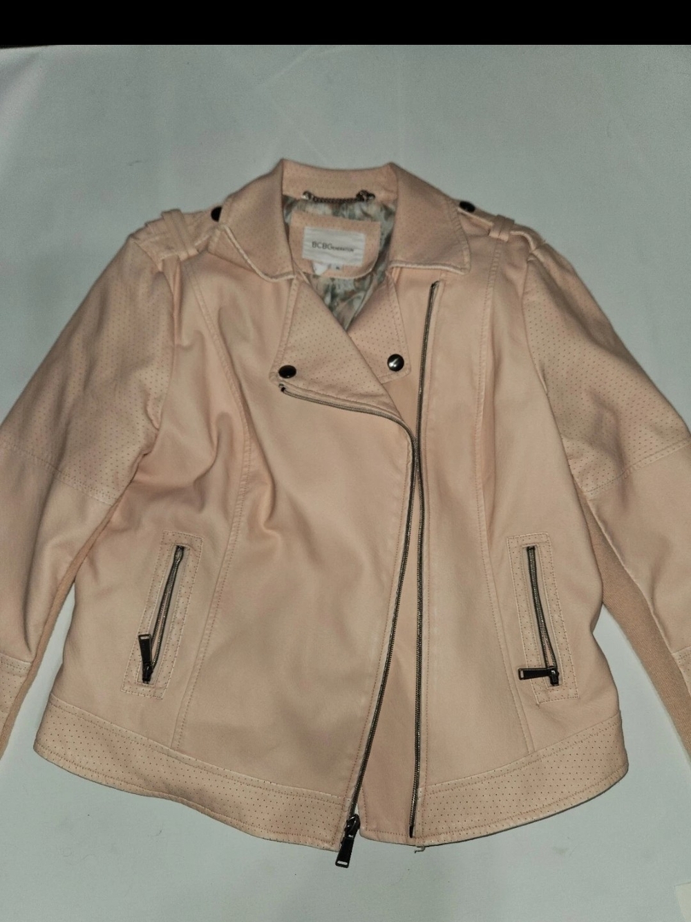 BCBGMAXAZRIA Pale Pink Faux Leather Moto Jacket nwt